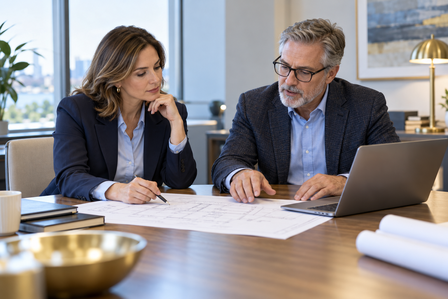Illustration of legal and technical professionals reviewing a drawing