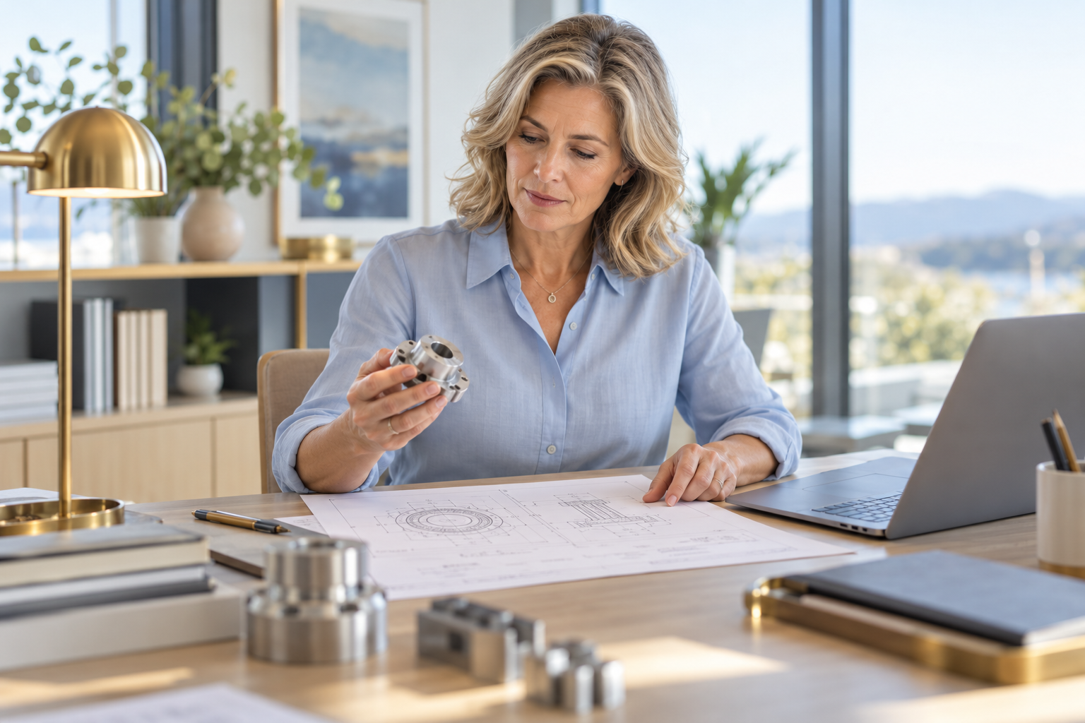 Illustration of an independent engineering consultant reviewing a component and technical drawing